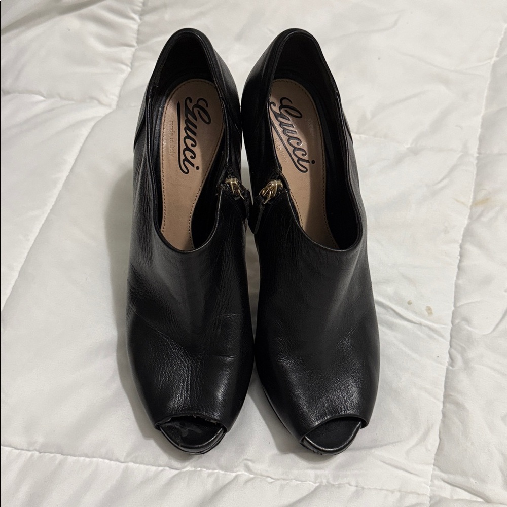 Gucci Black Leather Peep Toe Heeled Platform Booties